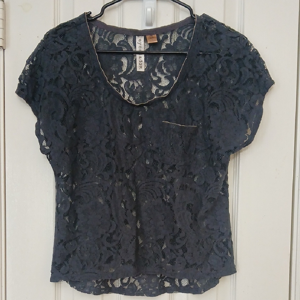 Eyeshadow Dark Gray Lace Floral Design Top With Silver Outline Details